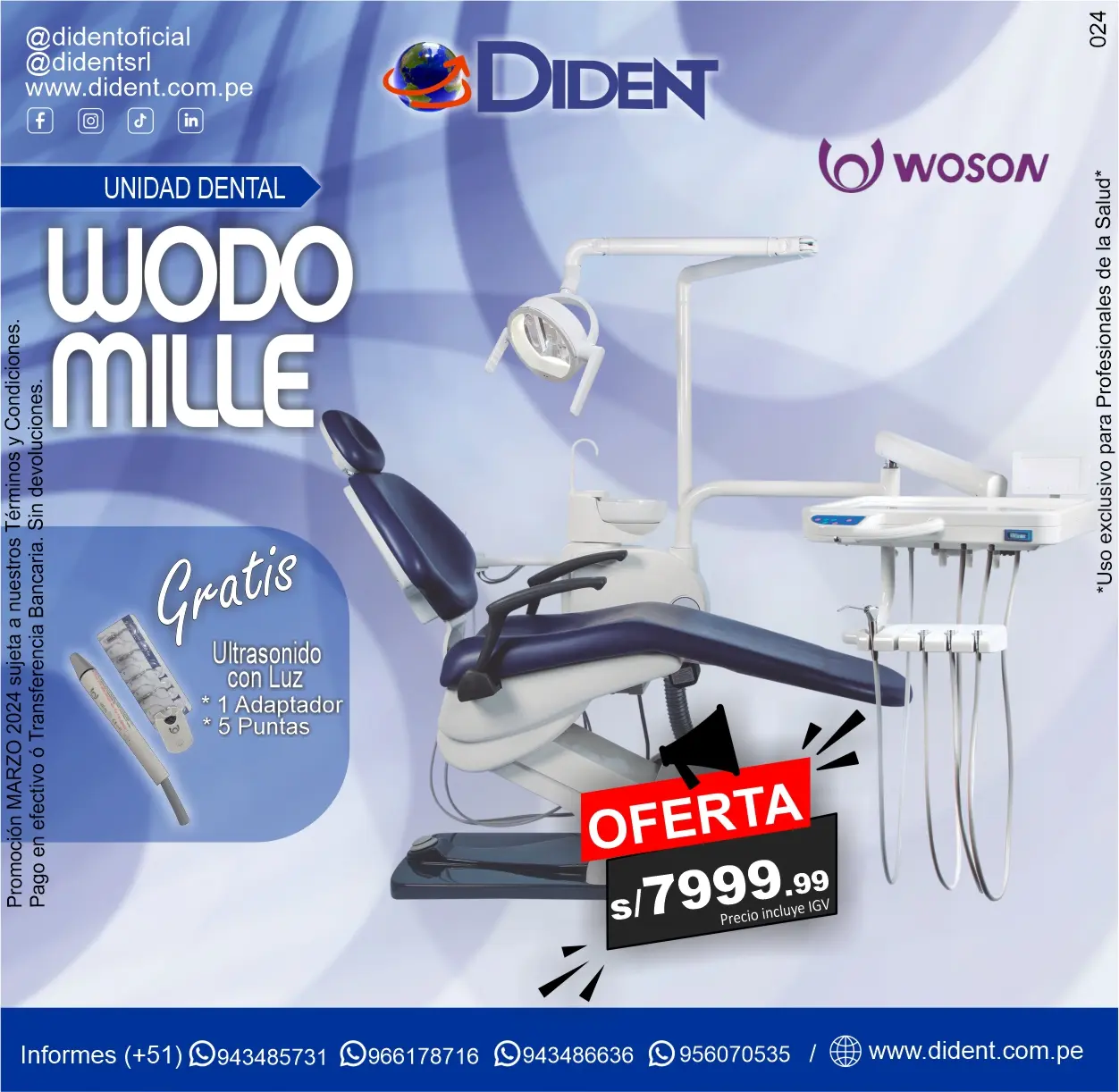 Unidad Dental Wodo Mille Woson + Gratis Ultrasonido con luz + 1 Adaptador +5 Puntas